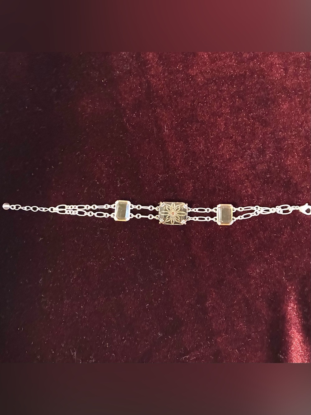 Vtg Avon NRT Silver-Tone Floral Filigree Chain Bracelet with Amber Stones